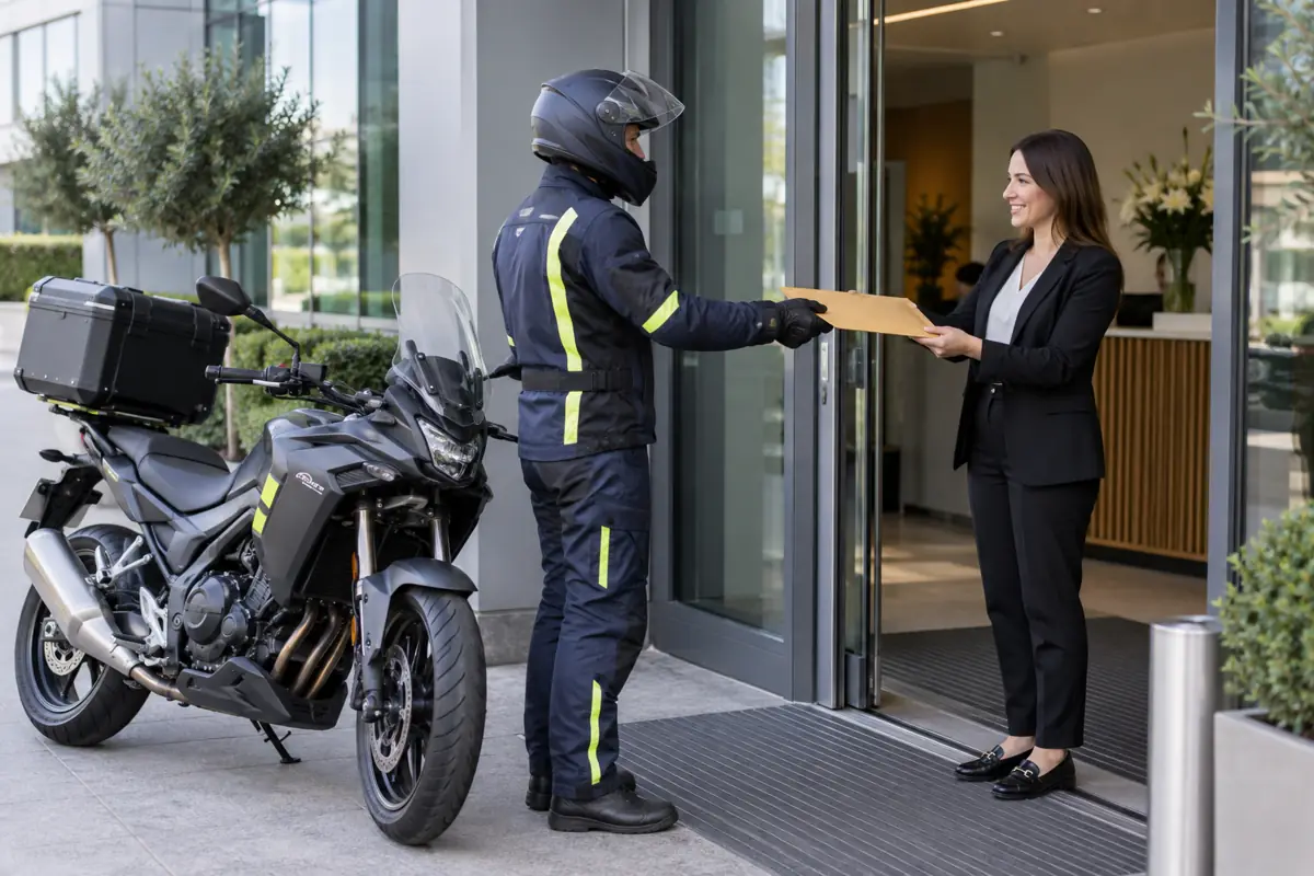 Motorcycle courier with secure small consignment, providing express document courier service