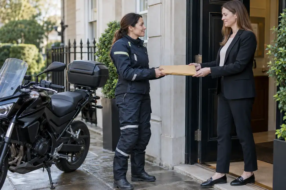 Motorcycle courier with secure small consignment, providing legal document courier service