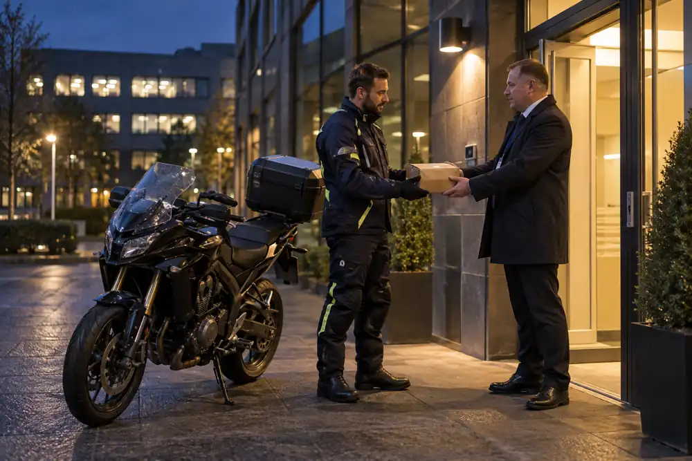 Motorcycle courier with secure small consignment, providing overnight courier service